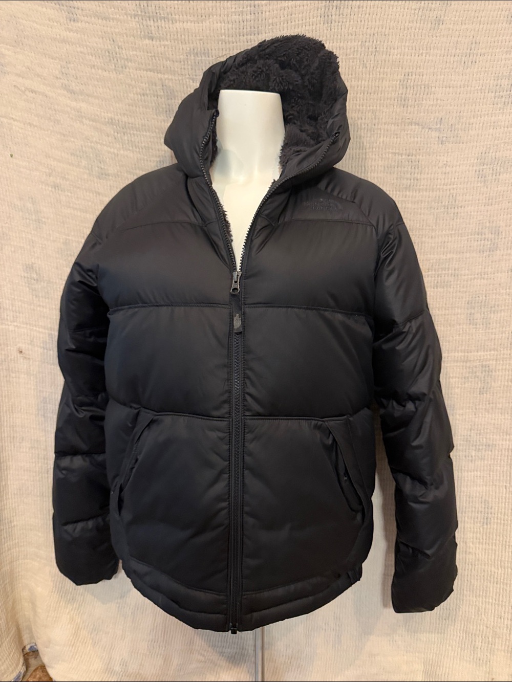 The North Face Girls XL 18/20 Black Puffer Jacket Sherpa Fleece Hood Full Zip